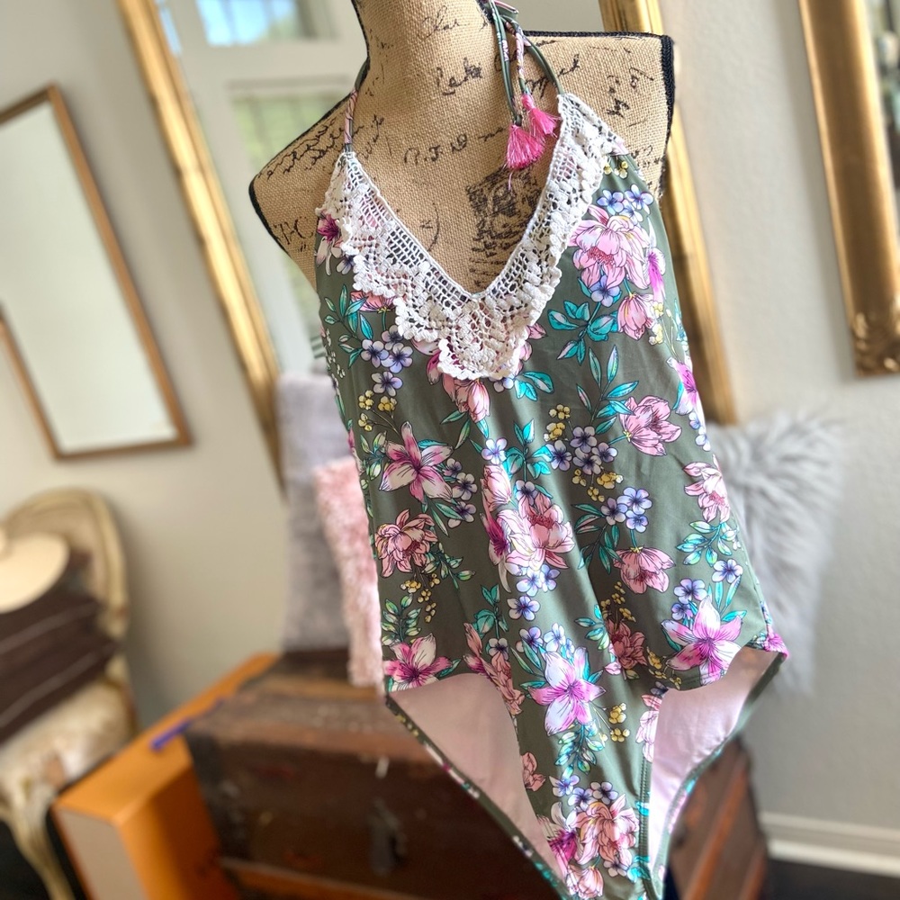 Hula Honey Green & Pink Tropic Romance Floral-Print Halter styled one piece. - Picture 8 of 9